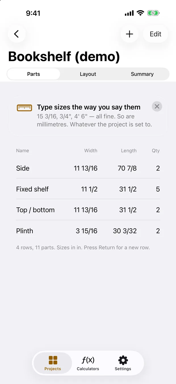 SawKit on an iPhone, showing the parts table of a bookshelf project. Sizes are written as fractional inches: a side 11 13/16 by 70 7/8, five fixed shelves 11 1/2 by 31 1/2, and a plinth 3 15/16 by 30 3/32.