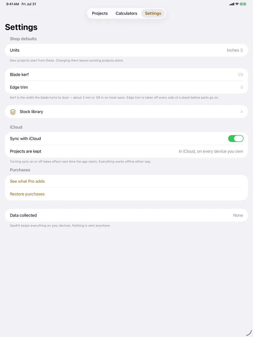 SawKit settings on an iPad, showing a blade kerf of 1/8 inch, iCloud sync switched on, and a row reading "Data collected: None" with the note that SawKit keeps everything on your devices.