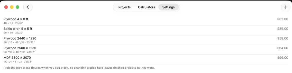 SawKit on a Mac, showing the stock library: plywood 4 × 8 ft at $62.00, baltic birch 5 × 5 ft at $85.00, and metric sheets at 2440 × 1220, 2500 × 1250 and 2800 × 2070, each listed with its thickness and price.